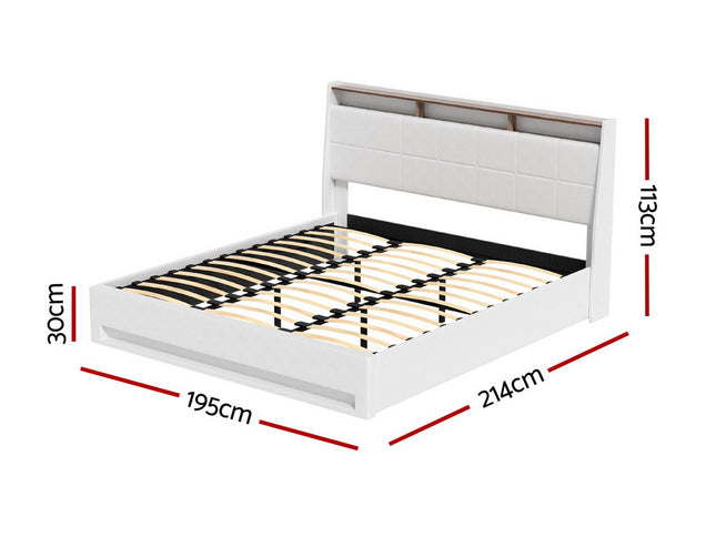 Artiss Bed Frame Gas Lift LED Beds Base Platform White PVC Leather Storage Headboard - King