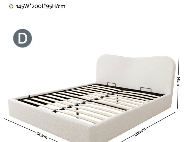 Artiss Double Bed Frame with Gaslift Storage Wooden Platform Mattress Base Boucle Upholstered White