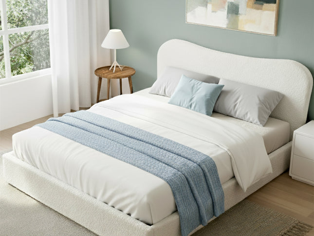 Artiss Queen Bed Frame with Gaslift Storage Wooden Platform Mattress Base Boucle Upholstered White