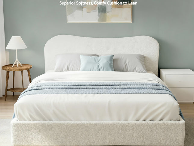Artiss Queen Bed Frame with Gaslift Storage Wooden Platform Mattress Base Boucle Upholstered White