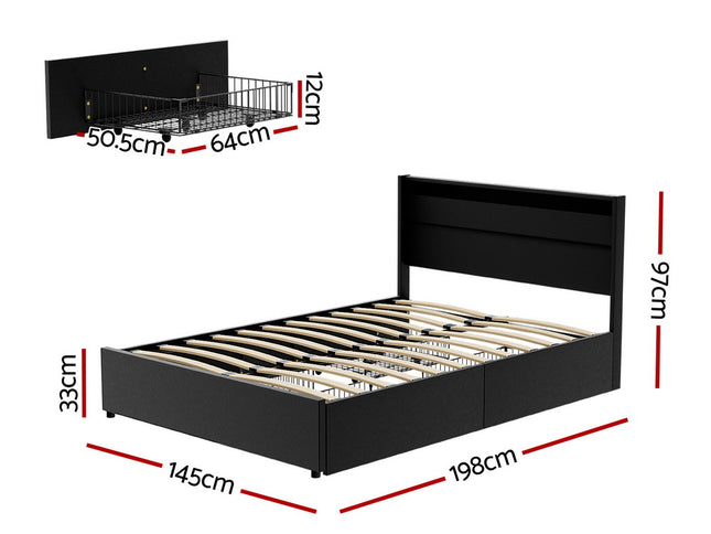 Artiss Bed Frame Double Size LED with 4 Drawers Black DUNN