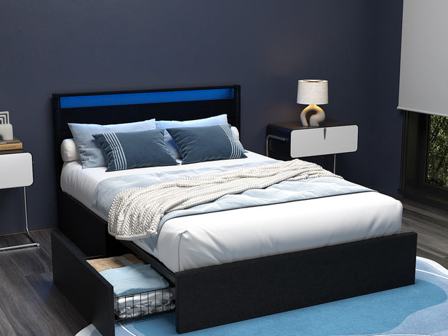 Artiss Bed Frame Double Size LED with 4 Drawers Black DUNN