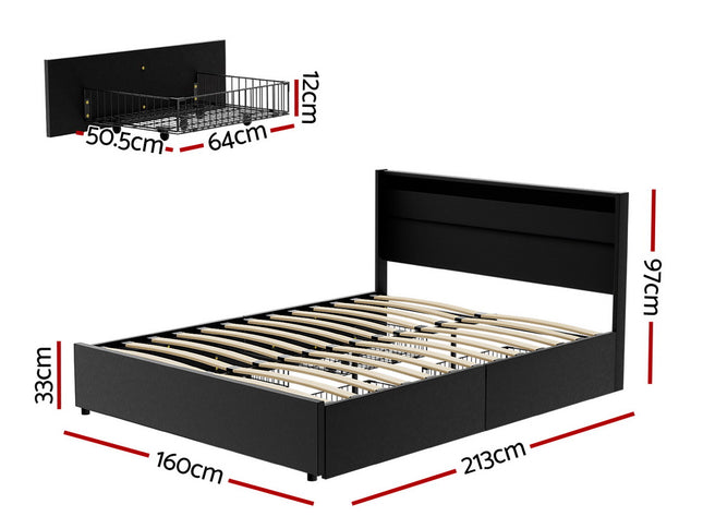 Artiss Bed Frame Queen Size LED with 4 Drawers Black DUNN