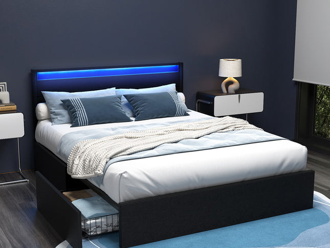 Artiss Bed Frame Queen Size LED with 4 Drawers Black DUNN