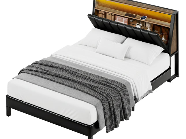 Artiss Double Bed Frame LED Storage Headboard with Charging Station Black
