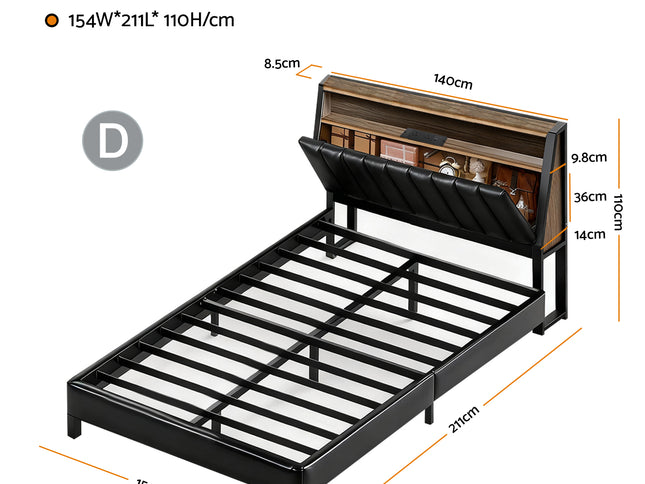 Artiss Double Bed Frame LED Storage Headboard with Charging Station Black