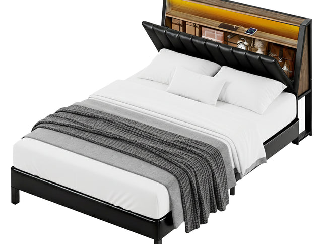 Artiss Queen Bed Frame LED Storage Headboard with Charging Station Black