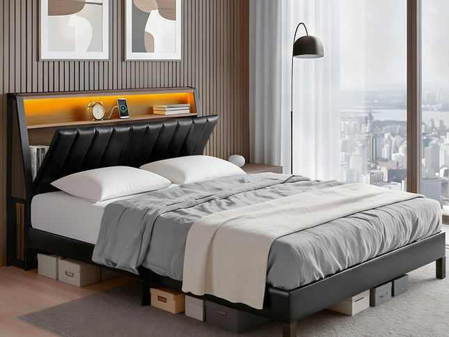 Artiss Queen Bed Frame LED Storage Headboard with Charging Station Black