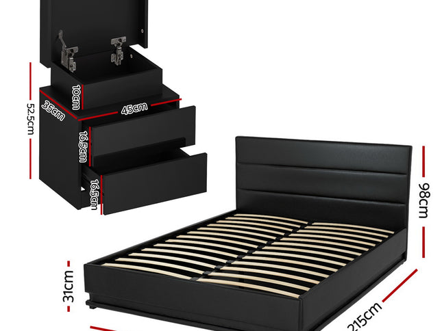 Artiss RGB LED Queen Bed Frame with 2 Beside Tables Set 16 Colour Mood Lighting