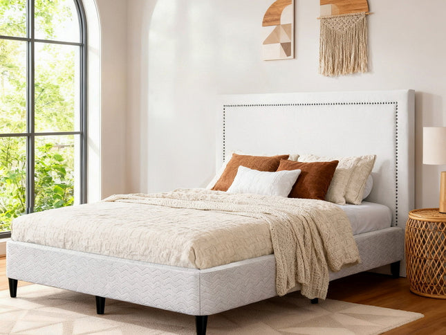 Artiss Queen Bed Frame with Headboard Platform Bed Base Grey Beige Fabric Metal