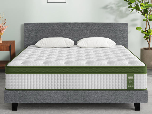 Artiss BedStory King Bed Frame Set With Hybrid Mattress Medium Firm Linen Grey