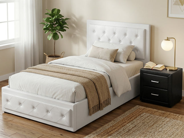 Artiss King Single Bed Frame Storage White Leather Gas Lift Bed Black Bedside Table Set