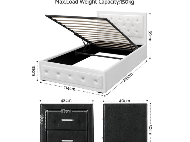 Artiss King Single Bed Frame Storage White Leather Gas Lift Bed Black Bedside Table Set