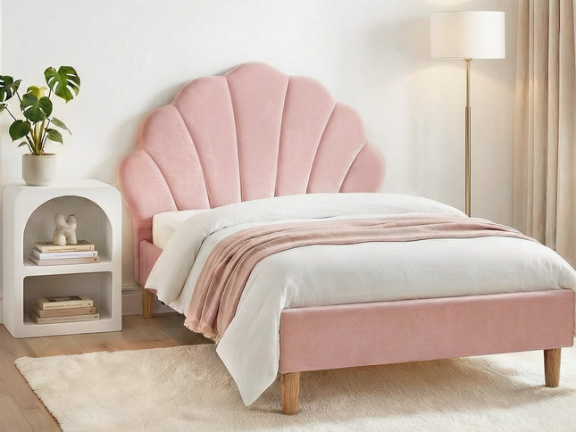 Artiss Bed Frame King Single with Bedside Table Set Scallop Headboard Pink Velvet Fabric Beds Base