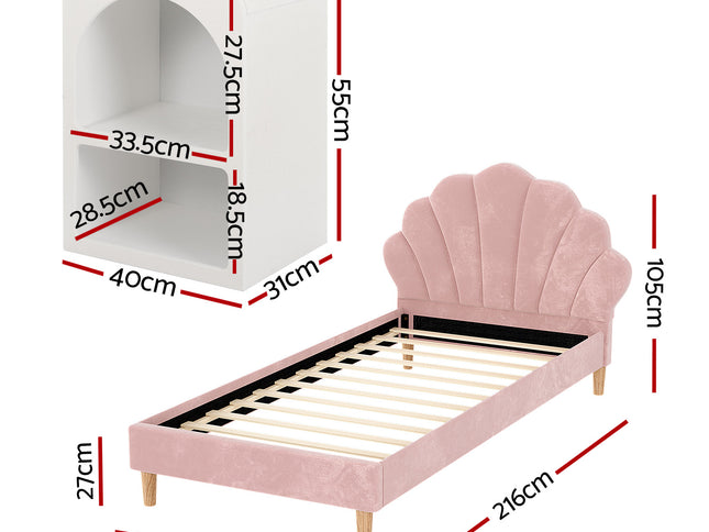 Artiss Bed Frame King Single with Bedside Table Set Scallop Headboard Pink Velvet Fabric Beds Base