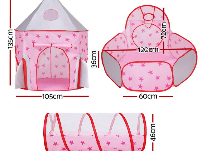Keezi Kids Playhouse Play Tent Pop Up Castle Crawl Tunnel Basketball Hoop Pink
