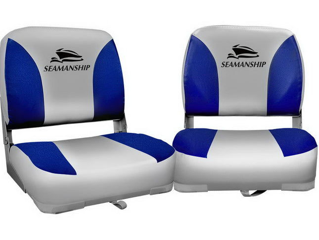 Seamanship 2X Folding Boat Seats Marine Swivel Low Back 13cm Padding Grey Blue