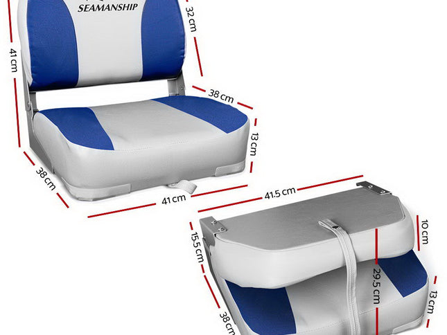 Seamanship 2X Folding Boat Seats Marine Swivel Low Back 13cm Padding Grey Blue