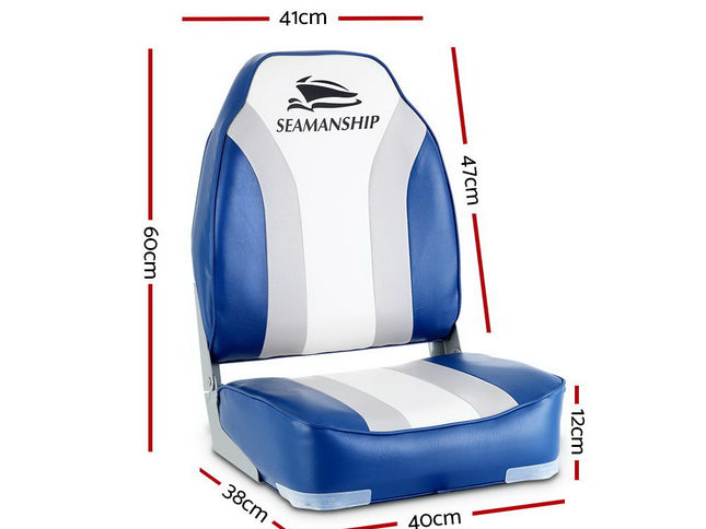 Seamanship 2X Folding Boat Seats Marine Seat Swivel High Back 12cm Padding Blue