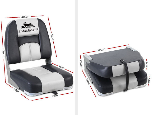 Seamanship 2X Folding Boat Seats Marine Seat Swivel Low Back 10cm Padding Grey