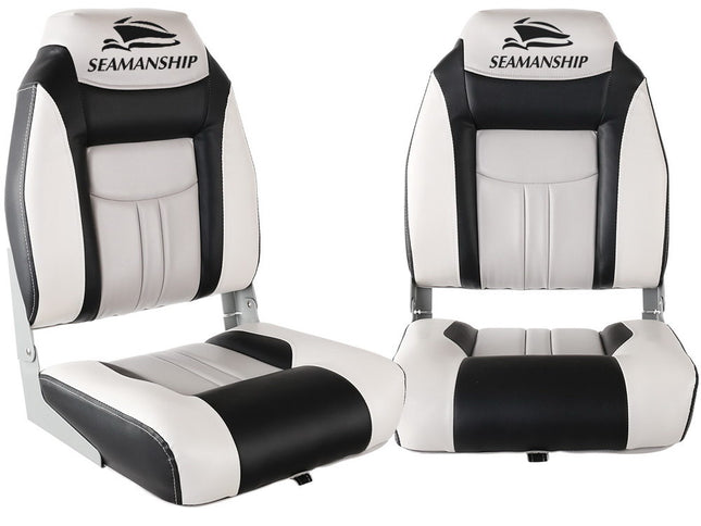 Seamanship 2X Folding Boat Seats Marine Seat Swivel High Back 12cm Padding Grey