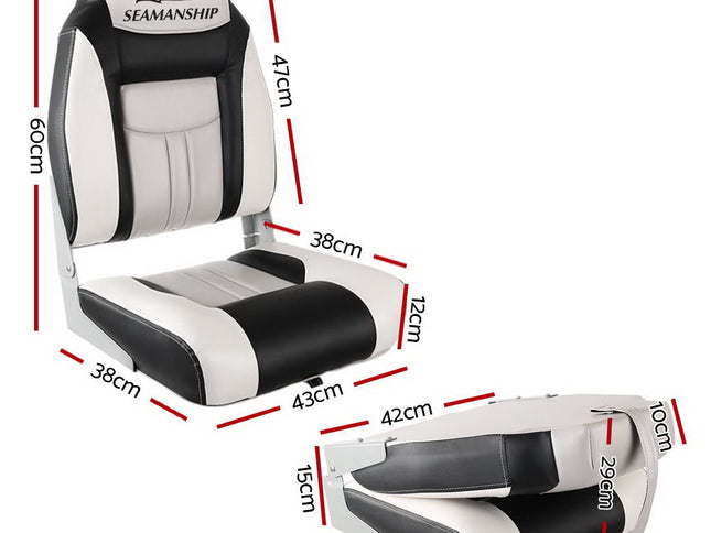 Seamanship 2X Folding Boat Seats Marine Seat Swivel High Back 12cm Padding Grey