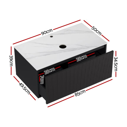 Cefito Vanity Unit 900mm Bathroom Cabinet Storage Wall Hung Grooved Timber Black