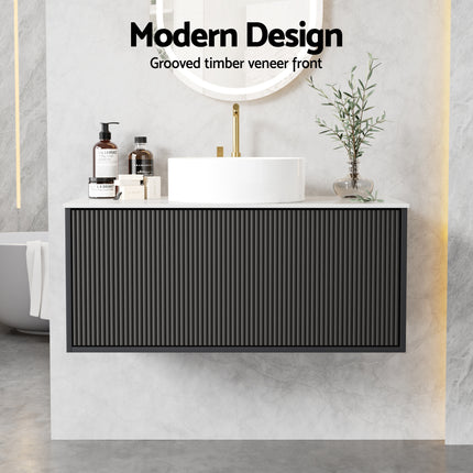 Cefito Vanity Unit 900mm Bathroom Cabinet Storage Wall Hung Grooved Timber Black