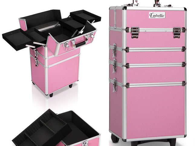 Embellir Makeup Case Beauty Trolley Cosmetic Organiser Box Travel Wheels Pink