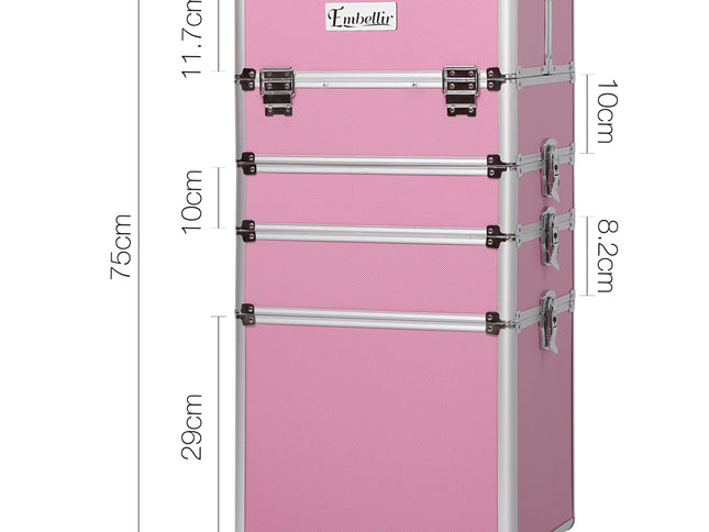 Embellir Makeup Case Beauty Trolley Cosmetic Organiser Box Travel Wheels Pink