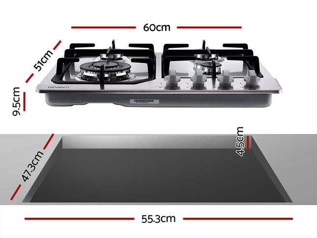 Devanti Gas Cooktop 60cm 4 Burner Silvir