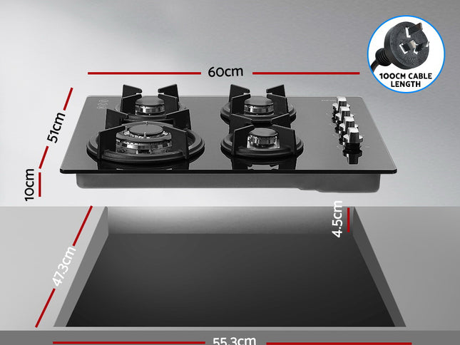 Devanti Gas Cooktop 60cm Stove Hob Black