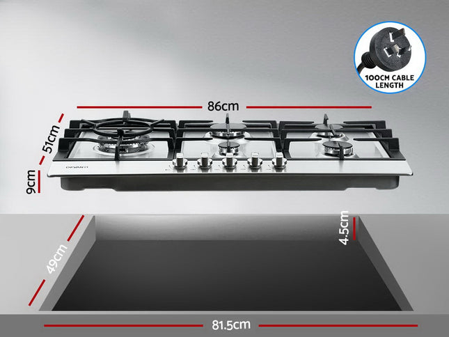 Devanti Gas Cooktop 90cm 5 Burner Silvir