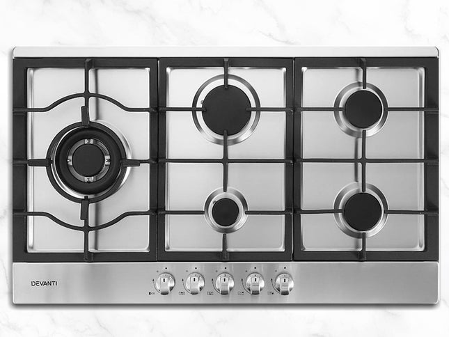 Devanti Gas Cooktop 90cm 5 Burner Silvir