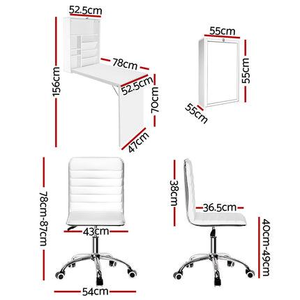 Artiss Computer Desk Office Chair Set PU Leather Wall Mount Foldable Table White