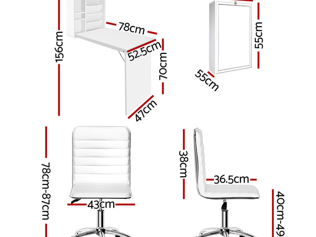Artiss Computer Desk Office Chair Set PU Leather Wall Mount Foldable Table White