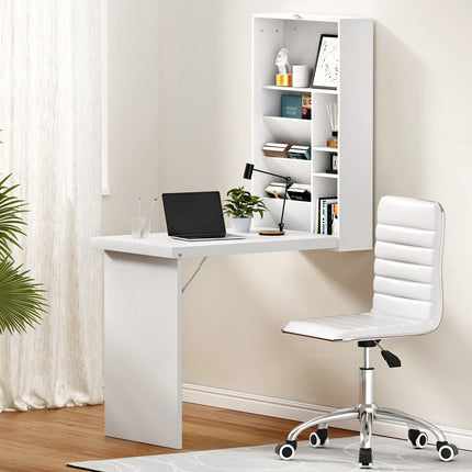 Artiss Computer Desk Office Chair Set PU Leather Wall Mount Foldable Table White