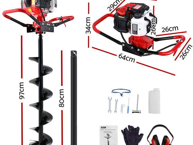 Giantz 65CC Post Hole Digger 200mm Petrol Drill Auger Extension Bits