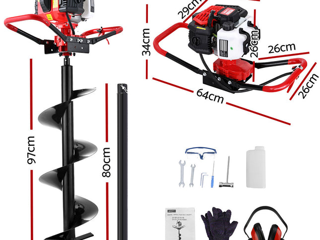 Giantz 65CC Post Hole Digger 300mm Petrol Drill Auger Extension Bits