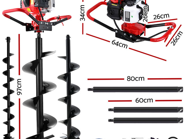 Giantz 65CC Post Hole Digger Petrol Motor Drill Extension Auger Bits Kits