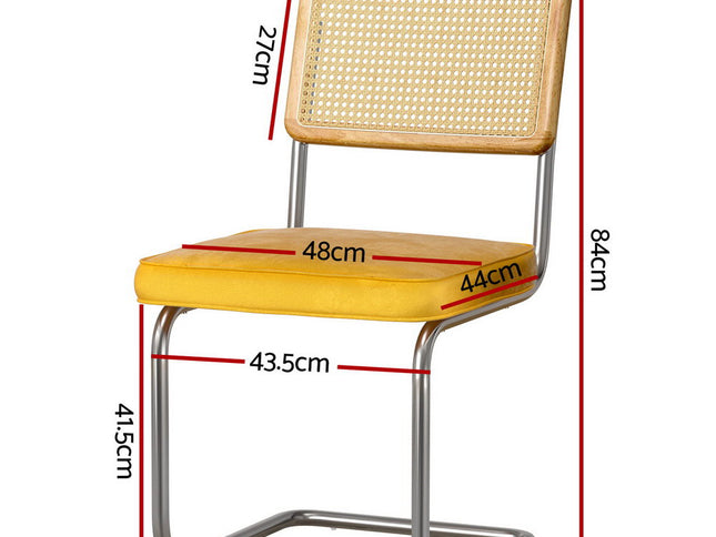 Artiss Dining Chairs Set of 4 Velvet Rattan Cantilever Yellow