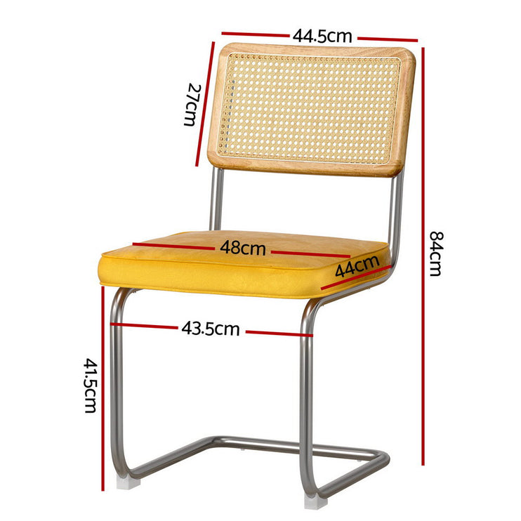 Artiss Dining Chairs Set of 4 Velvet Rattan Cantilever Yellow