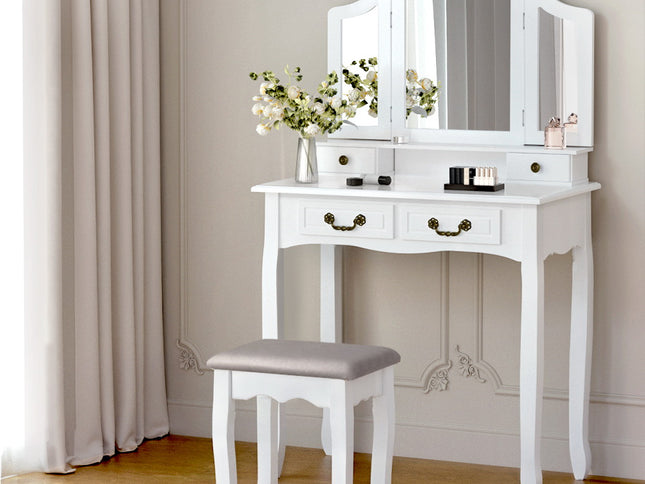 Artiss Dressing Table Stool Set Foldable Mirror White