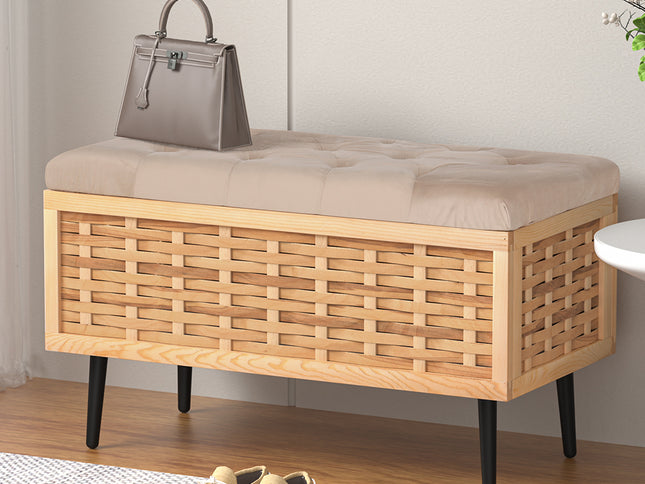 Artiss Storage Ottoman Blanket Box 80cm Weaved Velvet Pine