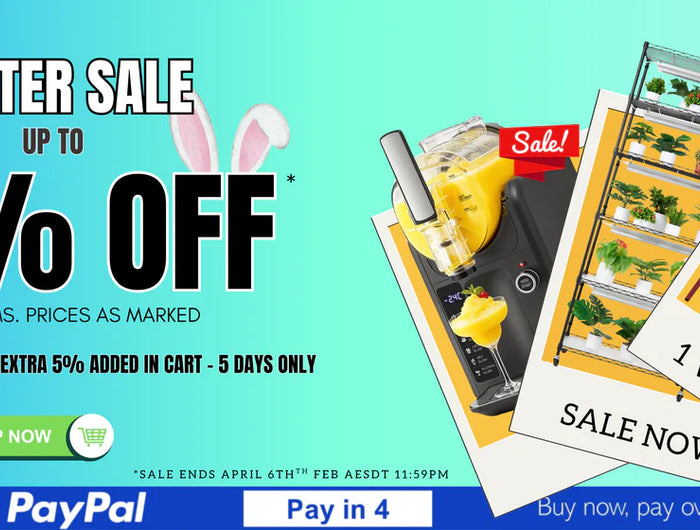 Easter sale banner with discounts and promotional text on a colorful background