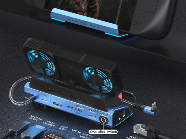 9-In-1 Usb-C Gaming Dock With Detachable Fan - Blue / Black-1922443402268512257