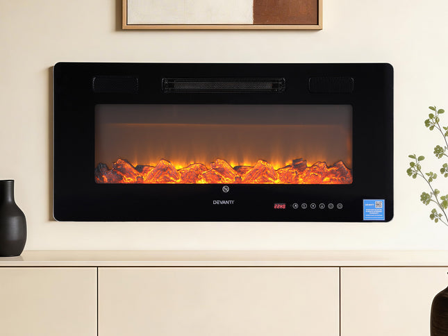 Devanti Electric Fireplace Fire Heater Wall Mounted Insert 3D Flame 1800W Remote Control