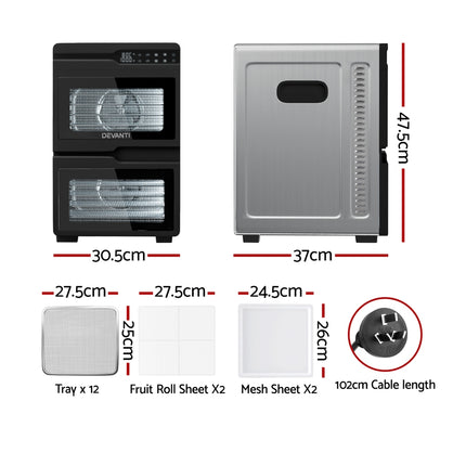 Devanti 12 Trays Food Dehydrator Dual-Zone Stainless Steel Fruit Jerky Dryer