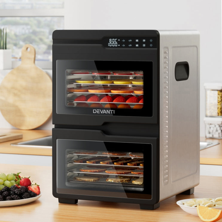 Devanti 12 Trays Food Dehydrator Dual-Zone Stainless Steel Fruit Jerky Dryer