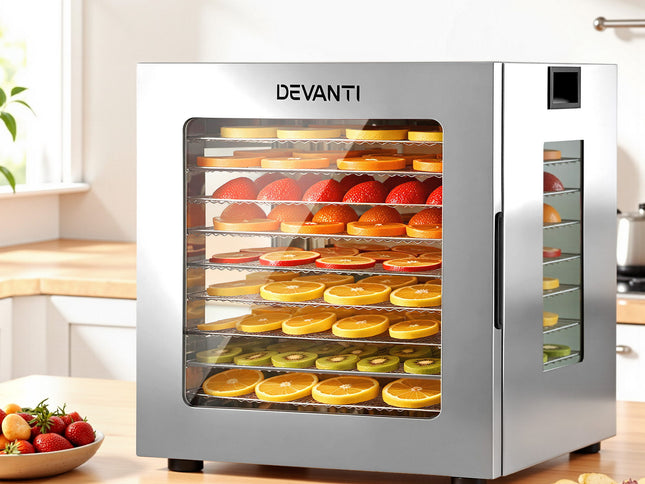 Devanti 10 Trays Food Dehydrator Stainless Steel Visible Glass Door 850W